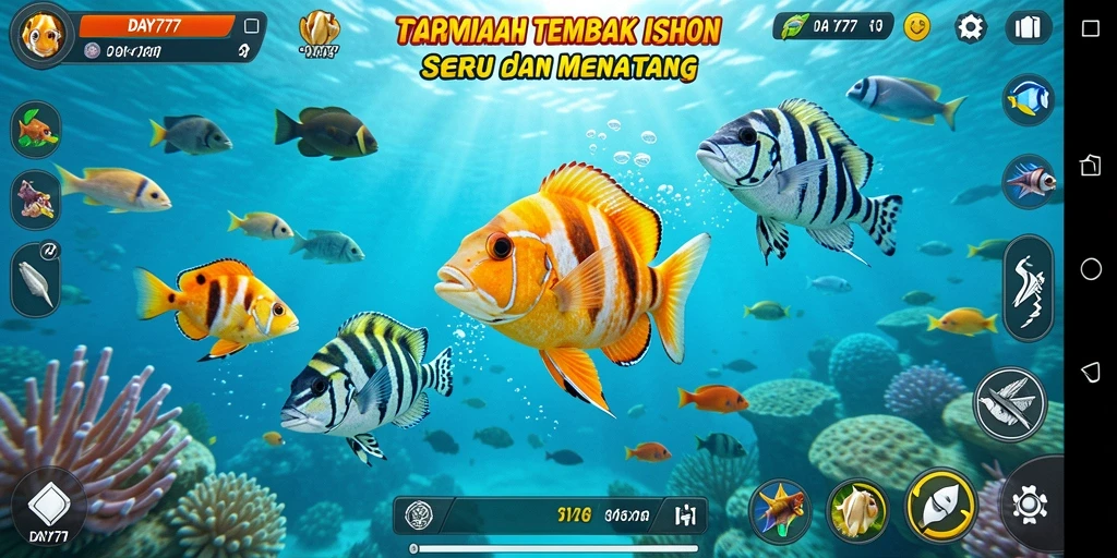 Tampilan gameplay seru Tembak Ikan dengan ikan berwarna-warni.