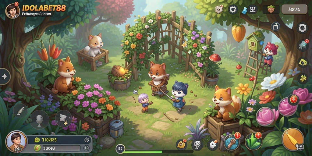Screenshot permainan IDOLABET88 menampilkan kebun yang subur dan berwarna-warni.