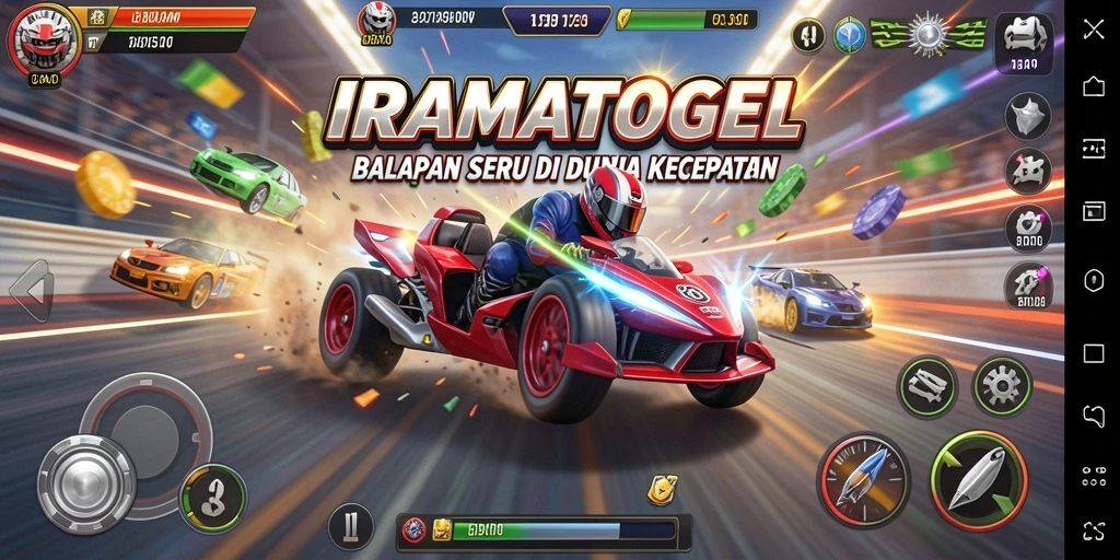 Screenshot utama IRAMATOGEL menampilkan aksi balapan yang mendebarkan.