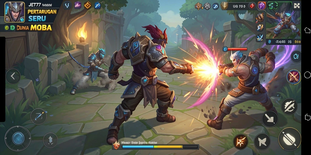Screenshot utama JET77 menunjukkan pertarungan seru antar karakter MOBA.