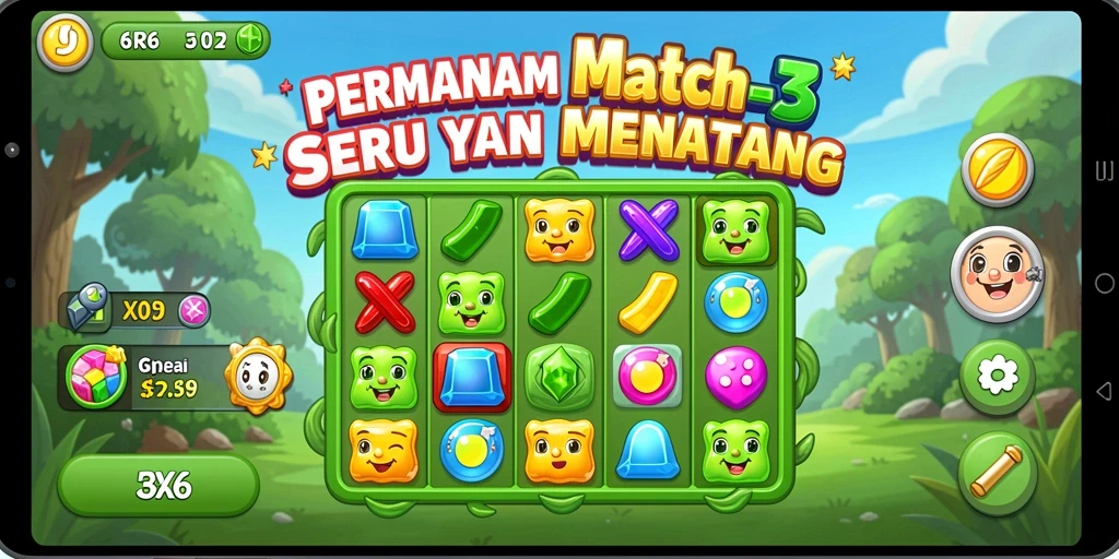 Tampilan gameplay R6R6 yang penuh warna dan aksi Match-3.