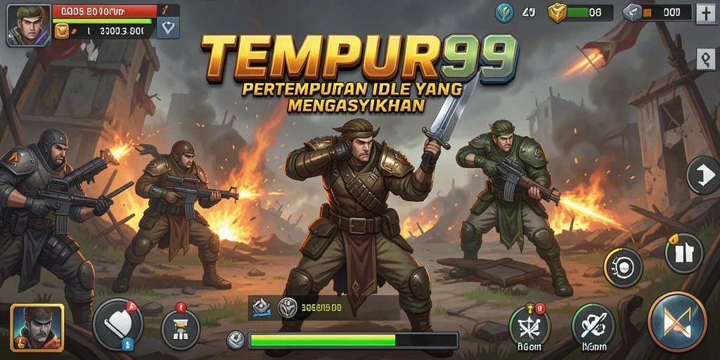 Screenshot utama TEMPUR99 menampilkan aksi pertempuran penuh warna.