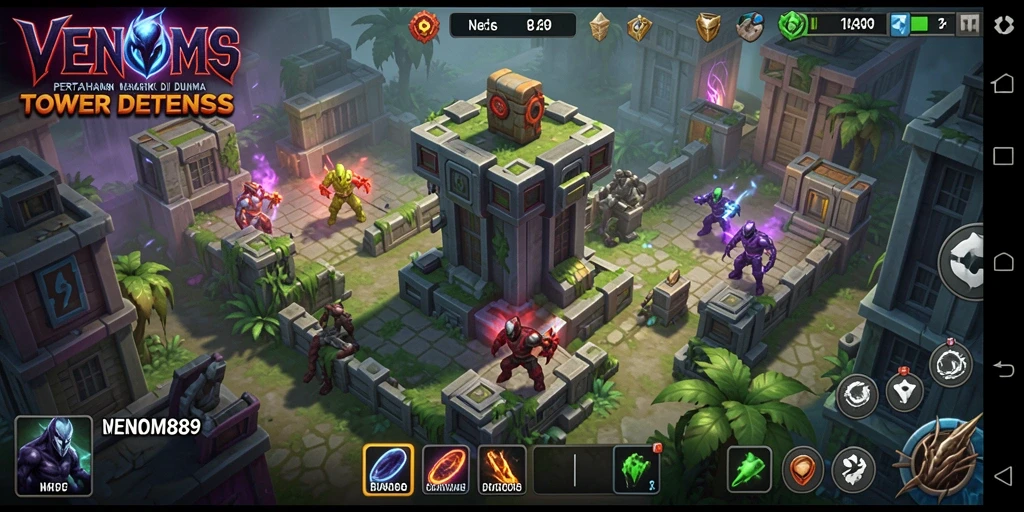 Tangkapan layar gameplay <strong>VENOM889</strong> yang menunjukkan strategi menara kunci dalam Tower Defense.
