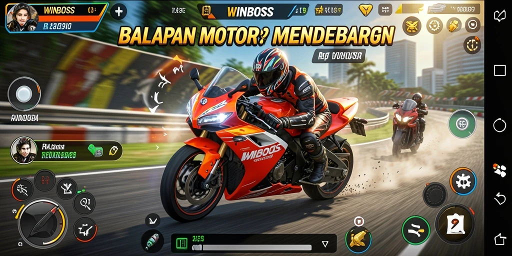 Screenshot gameplay WINBOSS menunjukkan aksi balapan motor yang luar biasa.